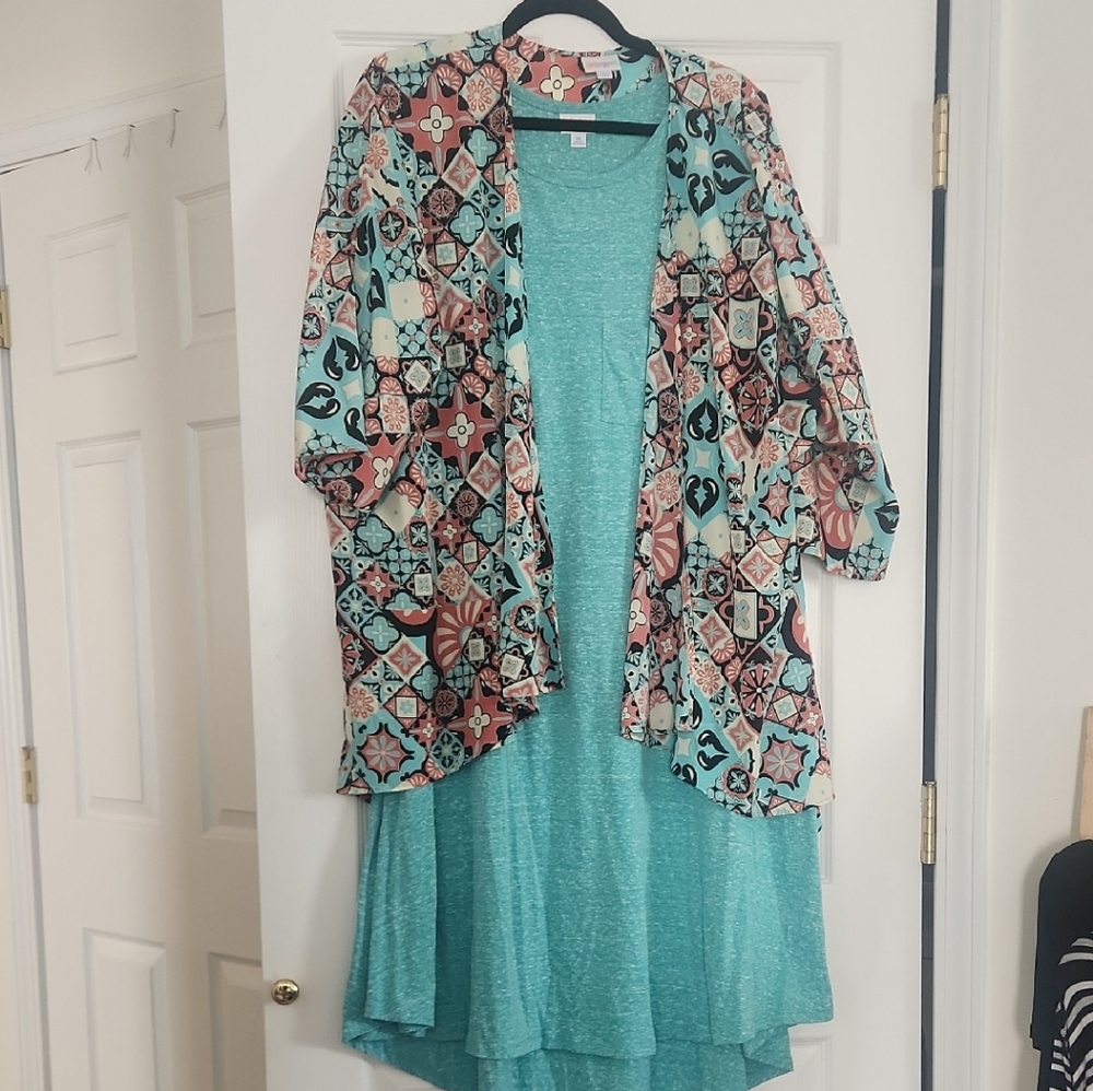 LuLaRoe Carly High Low Dress with Patterned Lindsay Kimono - Teal and Multicolor